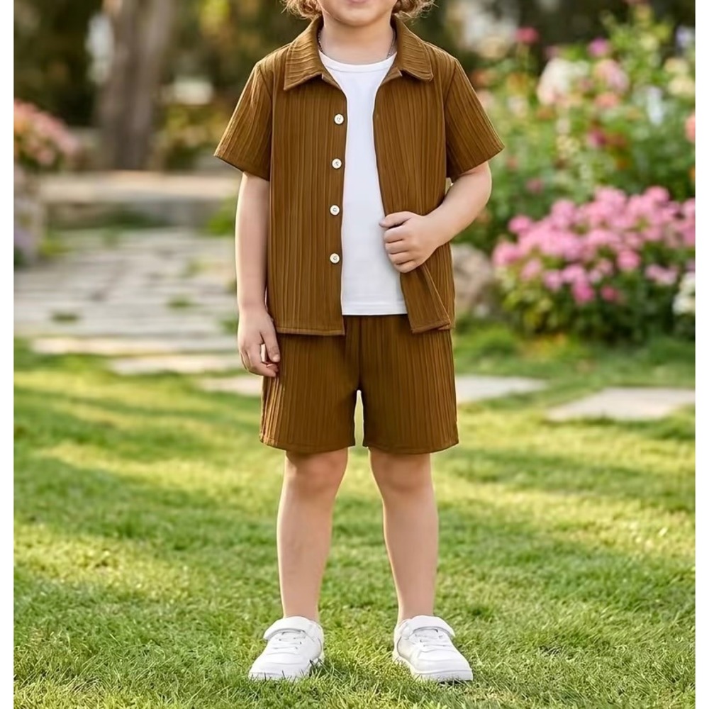 Boys Caramel Brown Textured Ribbed 2 Piece Shirt and Shorts Set Kids Summer